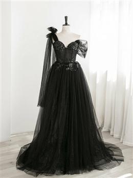 Picture of Sexy Black Color One Shoulder Tulle Sweetheart Sequins Party Dresses, Black Color Evening Gown